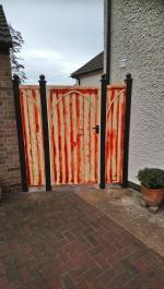 Framed, ledged and braced redwood tongue and groove gate and flanking panels in a gothic style