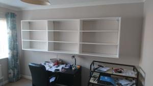 White gloss paneling bookshelves in office